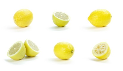 Set of lemon. Whole, sliced and squeezed yellow lemon. Close up. Isolated on white background