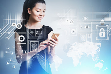 Smiling woman with smartphone, infographics