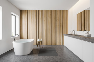 Fototapeta na wymiar White and wooden bathroom with sink and tub