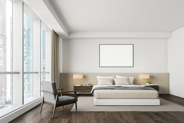 White master bedroom interior, armchair and poster