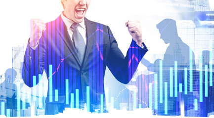 Successful businessman in city, digital chart