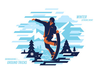 Snowboarding buttering, ground tricks vector modern illustration design on a white background
