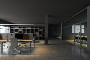 Dark gray open space office with meeting room