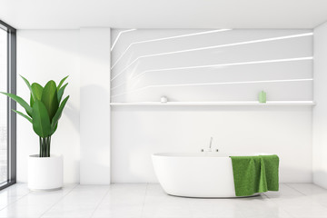 Naklejka na ściany i meble White bathroom interior with tub and shelf