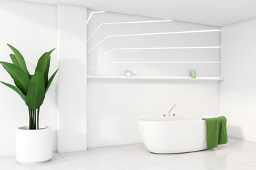 Naklejka na ściany i meble White bathroom corner with tub and shelf