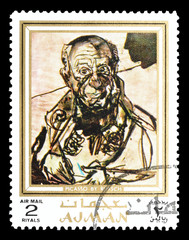 Cancelled postage stamp printed by Ajman state, that shows Painting Picasso by Alexander Rutsch, circa 1972. - obrazy, fototapety, plakaty