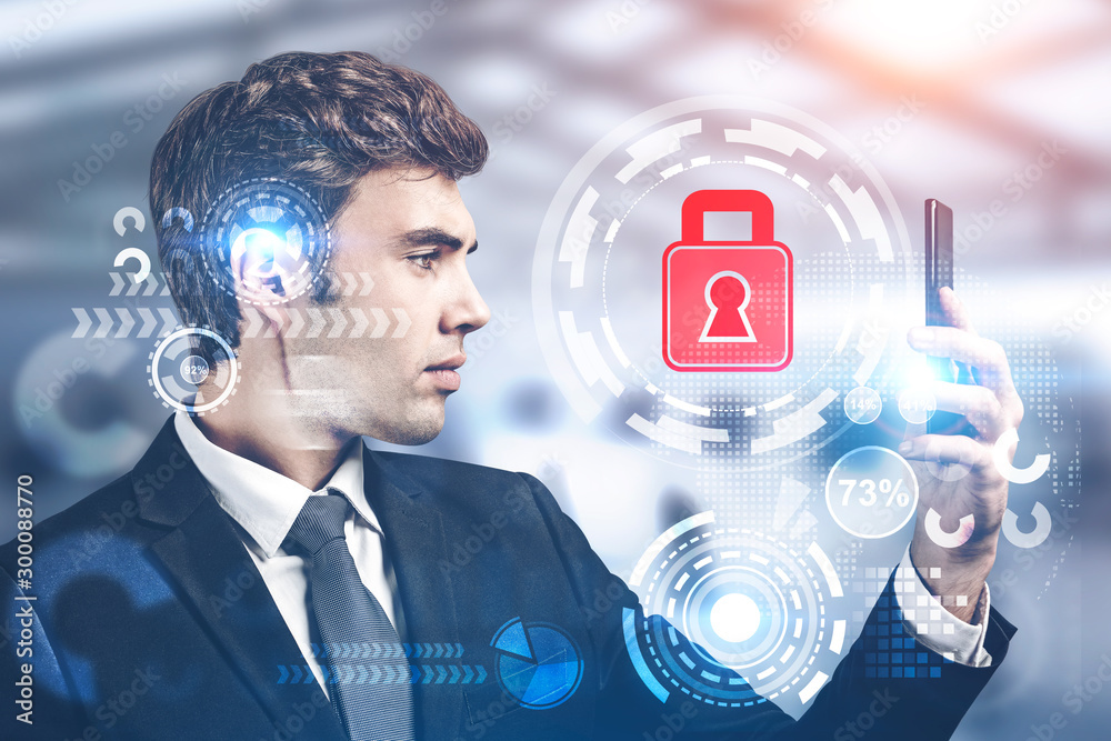 Poster man using smartphone with cyber security interface