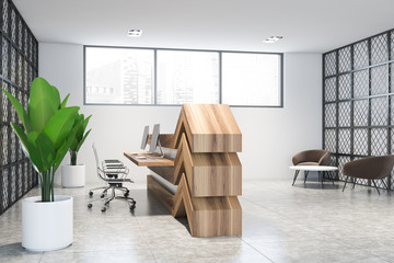 Wooden reception in modern office waiting room