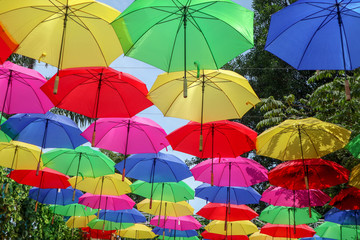 Blue Pink Red Green Yellow And Colourfull Umbrella Hang Over on the top or above As Decoration or Background