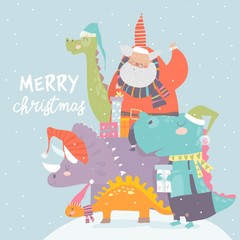 Cartoon Santa Claus with gifts sitting on dinosaur