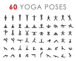 Fototapeta na wymiar Big yoga poses asanas icons set. Vector illustrations. For logo yoga branding. Yoga people infographics. Stick figures. Pilates stretch gymnastics fitness poses