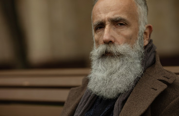 Portrait of a bearded senior man outdoors, sitting on a bench in a park