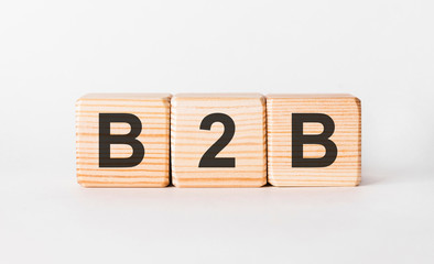 B2B letters of wooden blocks in pillar form on white background, copy space