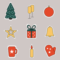 New years icons on gray background. Christmas tree, champagne glass, Christmas toy, star, gift box, bell, cup, candle and mitt.