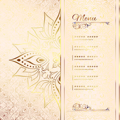 Vintage background mandala card with golden lace ornaments and art deco floral decorative elements