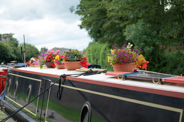 Colourful floral plant pots seen on a private canal boat on a famous English inland waterway. Seen...
