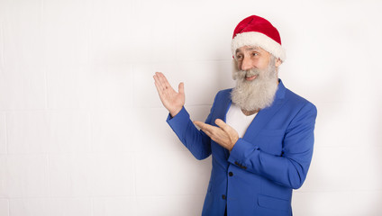 Holly jolly xmas, new year is soon! Be ready, prepare. Sales, discounts, presents, gifts selling time. Man wearing blue suit and red hat.