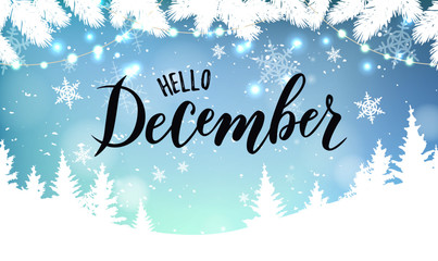 December word. Hand lettering typography with snowflakes. Vector illustration as poster, postcard, greeting card, invitation template. Concept February advertising