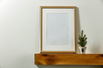 Wooden shelf of free space and christmas composition. 