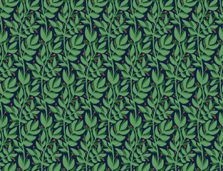 Garden leaves and berry vines seamless vector pattern