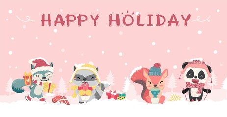 Happy cute wild animals in winter Christmas costume flat vector cartoon, idea for background, banner. cute fox, panda, happy time, happy Christmas