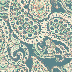 Paisley vector seamless pattern. Fantastic flower, leaves. Batik style painting. Vintage background