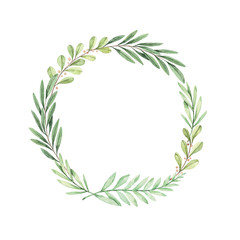 Laurel wreath with greenery branches, mistletoe, eucalyptus - Watercolor illustration. Happy new year and merry christmas. Winter composition. Perfect for cards, wedding invitations, banners, posters