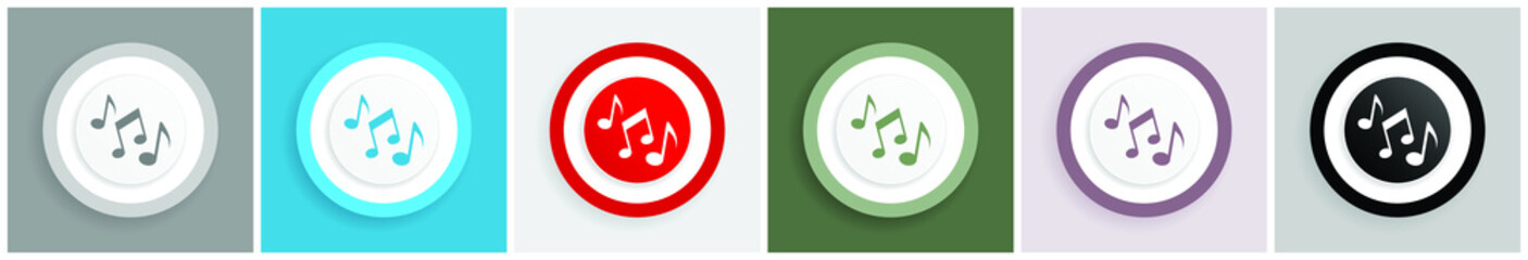 Music, sound, musical, melody icon set, colorful flat design vector illustrations in 6 options for web design and mobile applications
