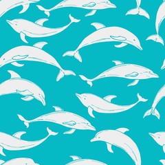 Vector seamless pattern with hand-drawn dolphins.