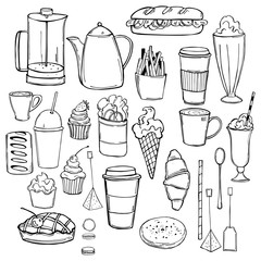 Hand drawn coffee shop food set. Vector sketch illustration.