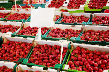 Fresh strawberries in boxes at the market