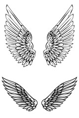 Set of illustrations of wings in tattoo style isolated on white background. Design element for logo, label, badge, sign. Vector illustration