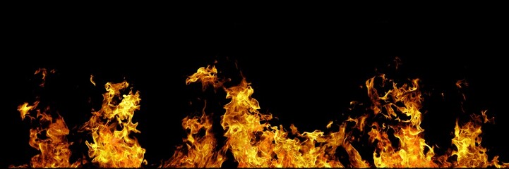 Real line of fire flames isolated on black background. Mockup on black of wall of fire.
