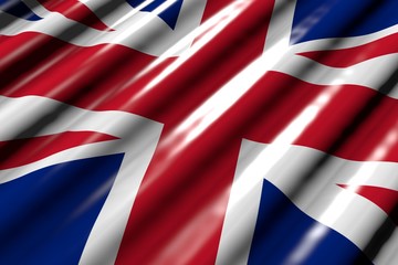 cute shining - looking like plastic flag of United Kingdom (UK) with big folds lying flat in corner - any holiday flag 3d illustration..