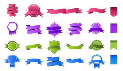 Color ribbon banners. Colorful tag banner, blank ribbons label and curved flag badge frame flat vector set. Empty pink and blue stamps. Collection of green and purple banderole and badges