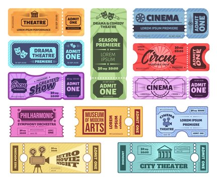 Retro Tickets. Circus, Cinema And Theatre Admit One Ticket. Vintage Admission Coupon, Concert And Movie Night Tickets Vector Set. Amusement Pass. Colorful Entertainment Vouchers, Control Coupon