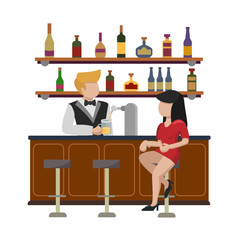 Fototapeta premium A young woman in a red dress sits on a high bar stool Girl waits for an order for a glass of beer. The bartender pours alcohol into a mug. The interior of the bar cafe pub.Isolated in white background