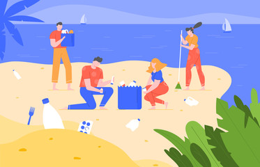 Beach cleaning. Cleansing polluted planet, ecology volunteering activity, people pick up trash on beach and removing garbage vector illustration. Environmental protection, ecological harm