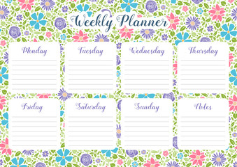 Weekly planner with flowers, daily plans and flowers. Vector