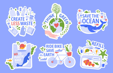 Ecology protecting. Save the environment, zero waste, save the ocean and recycle concept vector illustration icons set. Anti plastic. Eco friendly lifestyle. Ecological stickers with slogans