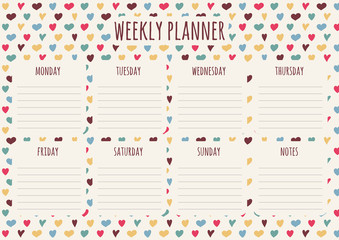 Colorful weekly planner template with  hearts. Vector