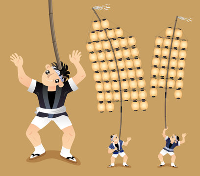 Performers display their balance skill of holding up a long bamboo pole by their different parts of bodies in the Japanese Pole Lantern festival (Kanto Matsuri).