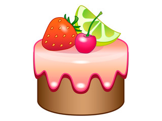 Sponge cake with strawberries, cherries and lemon. Creamy fruit cake. Cupcake with icing, lemon, cherry and strawberries - vector full-color picture of a confectionery.