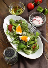 Cucumber, tomato, egg, fresh green salad with black sesame, vertical