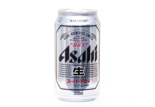 OSAKA - NOV 03: Asahi Beer in aluminium Can isolated on white Background in Osaka on November 03. 2019 in Japan. It is a Beer and soft drink company based in Tokyo, Japan.