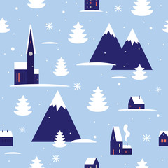 Seamless pattern with winter nature on a blue background. Snow-covered houses and mountains, white spruce. Template for use in wrapping paper design, textile, packaging. Vector seasonal illustration.