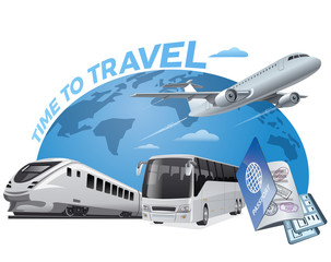 concept illustration of travel around the world by airplane, bus and train