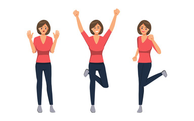 Fototapeta premium Character woman pose set. Happy people to successful emotion face.