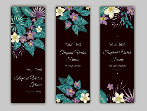 Vector bookmarks with green tropical leaves, plumeria and hibiscus flowers on black background. Summer or spring tropical vertical templates. Trendy exotic jungle design..