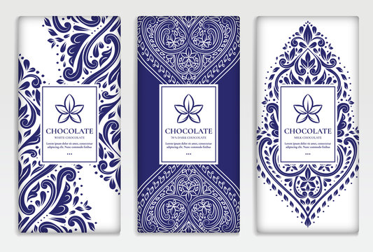White and blue vintage packaging design of chocolate bars. Vector luxury template with ornament elements. Can be used for background and wallpaper. Great for food and drink package types.